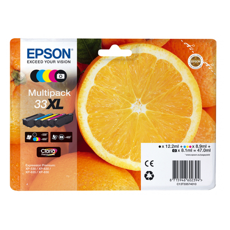 Epson Orange Multipack 5 Színű 33xl Claria Premium Tinta - Eredeti - Festékalapú Tinta / Pigmentalapú Tinta - Fekete - Cyan - Magenta - Fényképes Fekete - Sárga - Epson - - Expression Premium Xp-900 - Expression Premium Xp-830 - Expression Premium Xp-645 