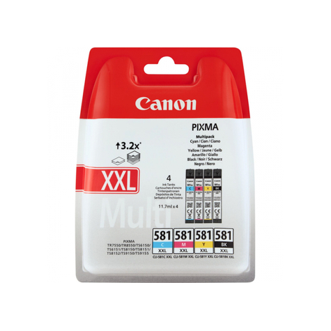 Canon Cli-581xxl Multipack - Eredeti - Pigment Alapú Tinta - Fekete - Cyan - Magenta - Sárga - Canon - Pixma Ts8152 Pixma Ts8150 Pixma Ts6150 Pixma Ts8151 Pixma Ts6151 Pixma Ts9150 Pixma Ts9155 Pixma... 11,7 Ml